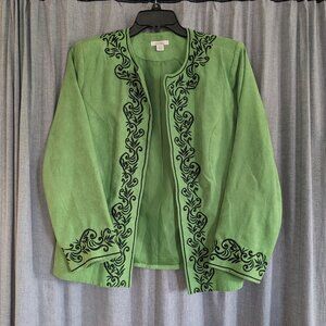 Dress Barn Blazer Womens 14/16 Green Black Embroidery Open Front Boho Fairycore